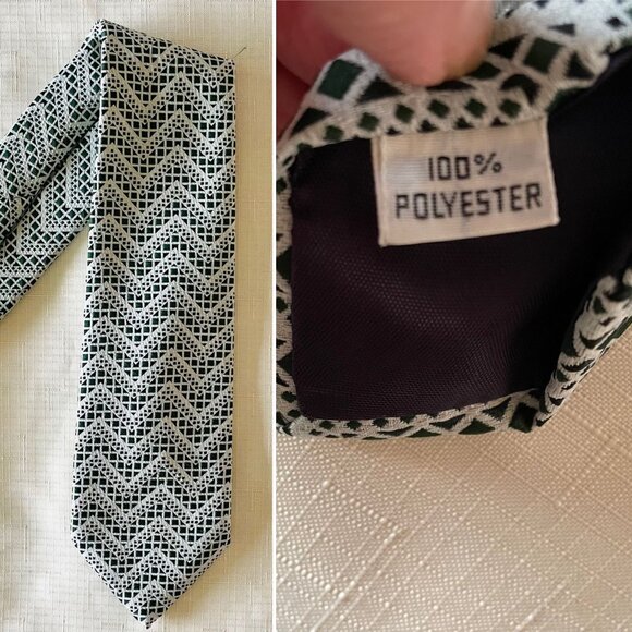 Vintage Mens Wide Tie Deep Green Geometric Chevron Pattern of Polyester - Picture 2 of 5